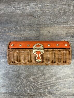 Michael Kors Wicker Clutch Orange Leather Trim Studded Basket Bag